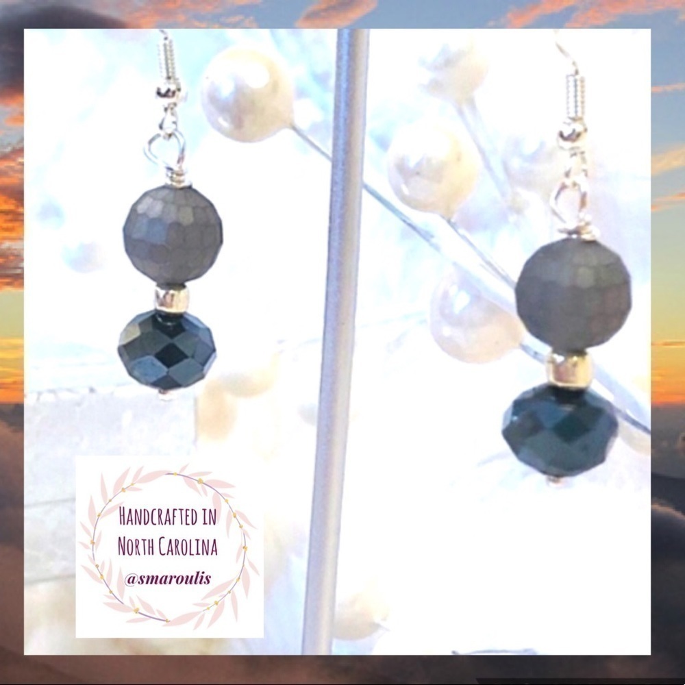 Sterling Silver Earrings Matte Grey Genuine Crystal Modern Chic French Chic - Picture 8 of 13